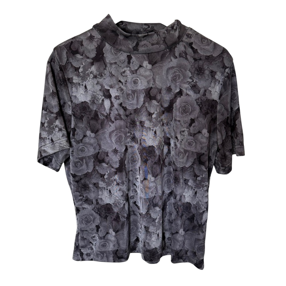That's Me! Floral Mock‎ Neck Top Womens XL Gray Rose Print Short Sleeve y2k